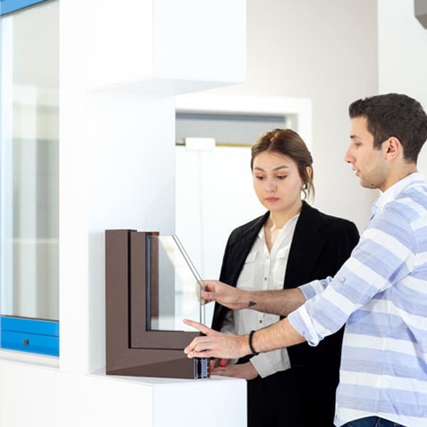 Deux professionnels examinant des plans d'aménagement commercial dans un local en rénovation à Montréal