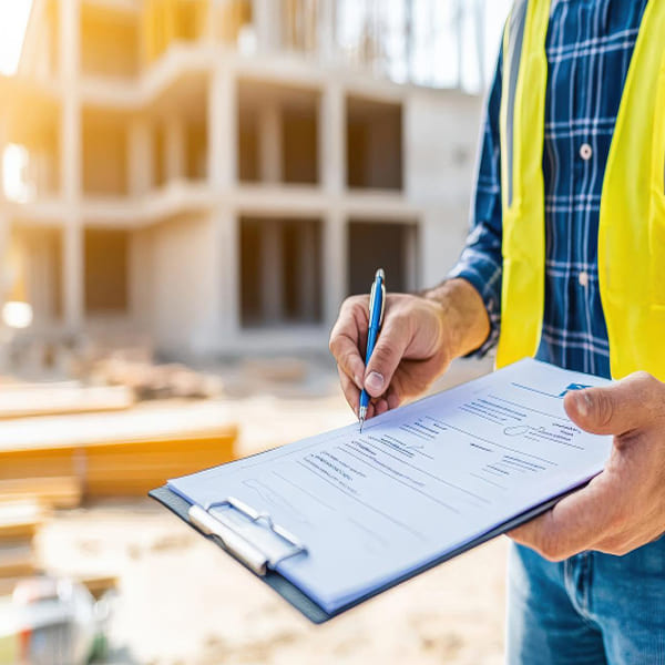 Inspecteur en chantier complétant un rapport de conformité réglementaire pour un projet commercial