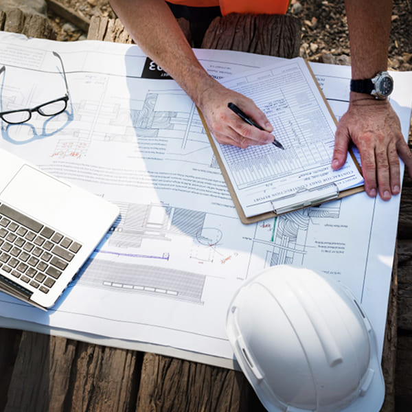 Entrepreneur remplissant un formulaire de permis de construction sur un chantier commercial