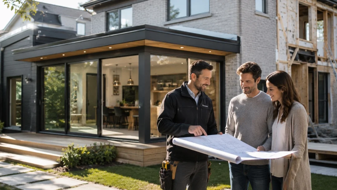 Un couple et un homme se tiennent devant une maison, examinant un plan architectural.