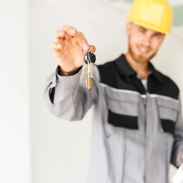 Un homme portant un casque de sécurité tient une clé, symbolisant la préparation et la sécurité sur un chantier.