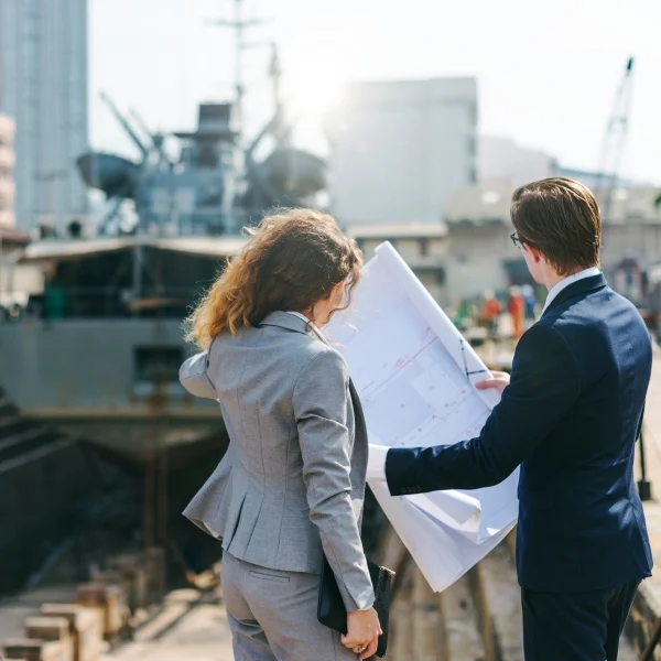 Deux professionnels en costume se tiennent devant un navire, discutant dans un environnement maritime.