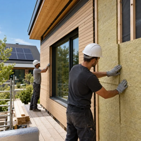 Deux hommes installent de l'isolation dans une maison, concentrés sur leur tâche de rénovation.