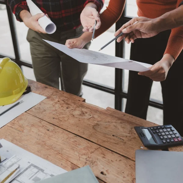 Trois personnes collaborent sur un projet autour d'une table, avec des documents et un ordinateur portable.