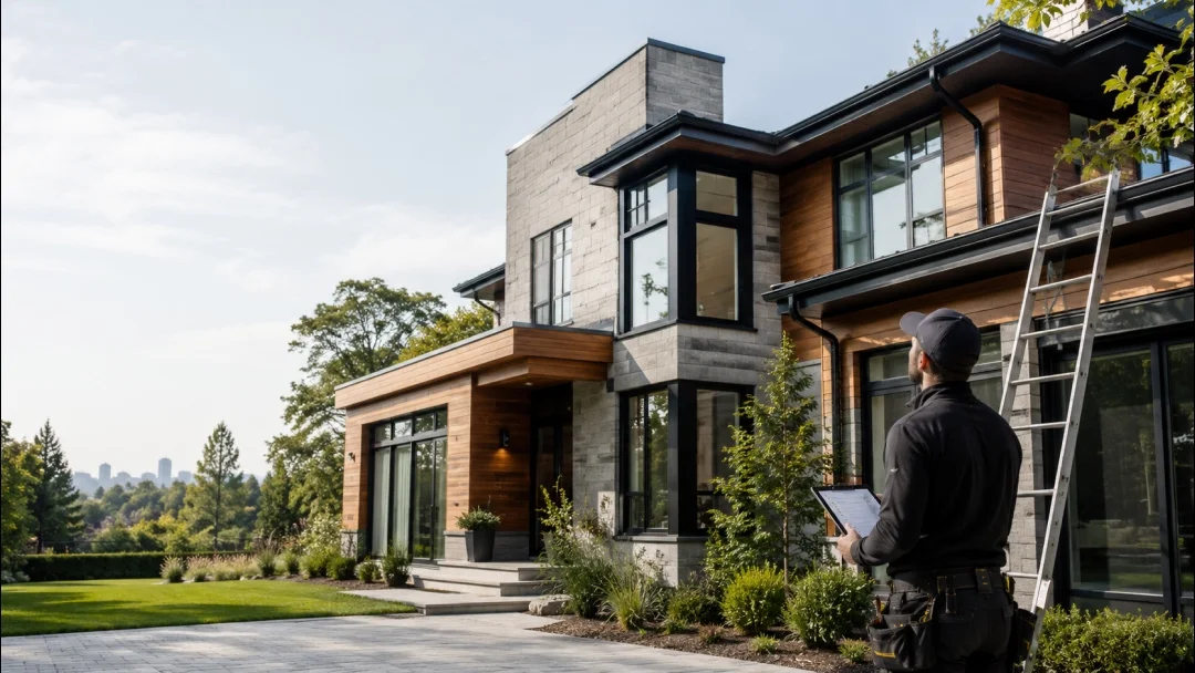 Un homme se tient devant une maison, tenant un clipboard, semblant prendre des notes ou évaluer la propriété.