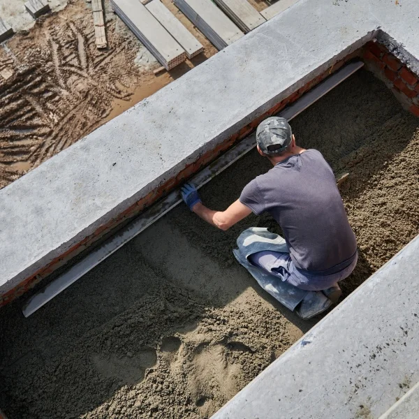 Un homme travaille sur un sol en béton, concentré sur sa tâche.