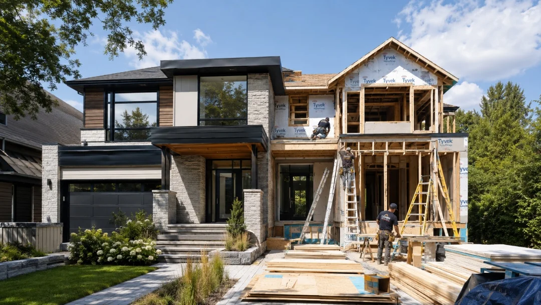 Maison en construction avec un homme debout devant, observant les travaux en cours.