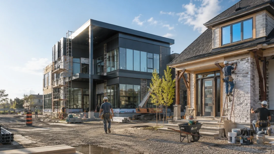 Des ouvriers du bâtiment travaillent sur la construction d'une nouvelle maison, utilisant des outils et des matériaux de construction.