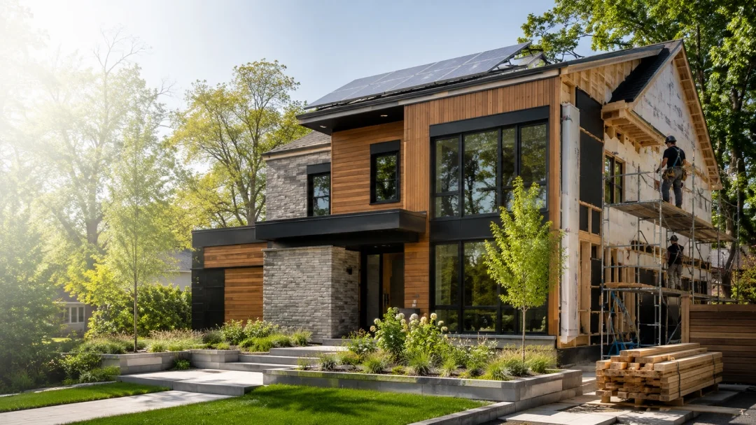 Maison moderne avec des panneaux solaires sur le toit, illustrant l'utilisation d'énergies renouvelables.