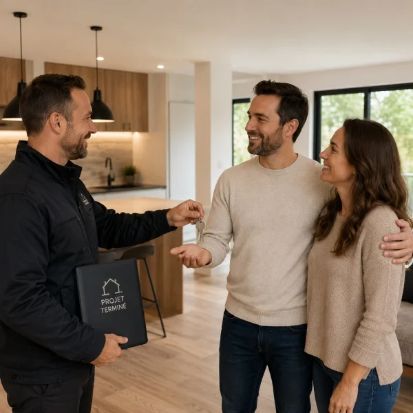 Un homme et une femme discutent avec un agent immobilier dans un salon moderne et lumineux.