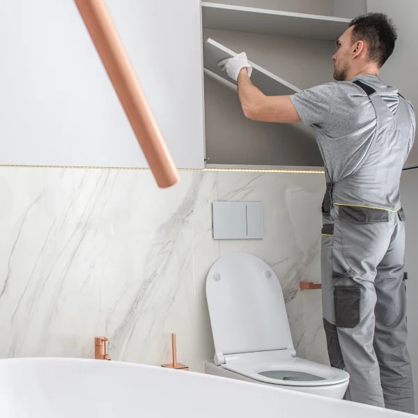 Un homme en chemise grise répare des toilettes dans une salle de bain.